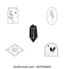 Mystical elements for logo design-boho modern logo - crystal logos-vector-moon stars-spirituality magic logo templates clipart