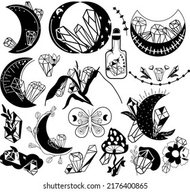 Mystical elements. Magical Moon with crystals, mushroom, stars and leaves. Witchcraft moon on white background. Mystic esoteric symbol.Vector illustration.