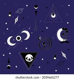 Elementos místicos. Luna y hierbas. Halloween, bruja