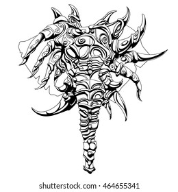 mystical elephant in armor with a large number of tusks and horns, severe, and can even angry