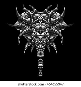 mystical elephant in armor with a large number of tusks and horns, severe, and can even angry