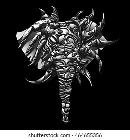 mystical elephant in armor with a large number of tusks and horns, severe, and can even angry