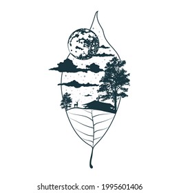 Mystical elm leaf. Celestial icon with mountain, clouds, moon, river and forest. Magic tattoo concept.