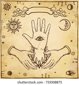  Mystical emblem human hands, all-seeing eye, symbols of the sun and moon. Eye of Providence.  Esoteric, Religion, occultism. Background - imitation of old paper. Vector illustration.