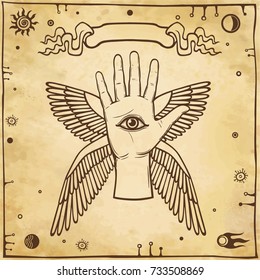 Mystical emblem human winged hand. Symbol of an angel. Eye of Providence. Esoteric, Religion, occultism. Background - imitation of old paper. Vector illustration.