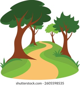 A mystical **enchanted forest pathway vector** featuring a dreamy woodland trail surrounded by magical trees, glowing lights, and a fantasy atmosphere. Perfect for fairytale designs, fantasy themes