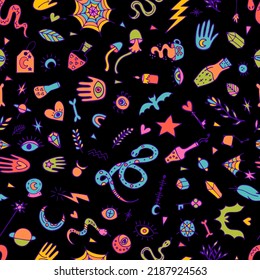 Mystical esoteric background. Doodle boho style. Halloween. Magical hand drawn seamless pattern. Witchcraft print. Vector illustration