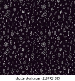 Mystischer, esoterischer Hintergrund. Magisches, handgezeichnet nahtloses Muster. Doodle Boho Stil. Halloween. Hexerei-Druck. Vektorgrafik
