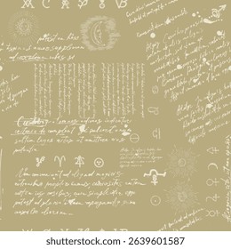 Mystical esoteric background, magical seamless pattern with constellations, sun, moon, magical eyes, stars, hand-scribbled text