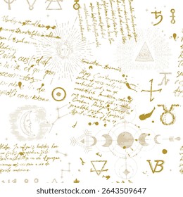 Fundo esotérico místico com um padrão mágico sem emenda com constelações, o sol, a lua, estrelas, espalhadas por toda a cena, e texto escrito à mão adiciona um toque extra de magia.