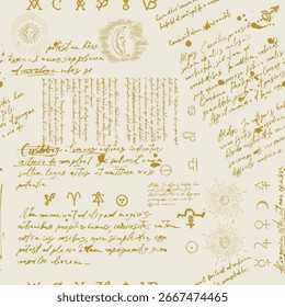 Fondo esotérico místico, patrón inconsútil mágico con constelaciones, sol, luna, ojos mágicos, estrellas, texto garabateado a mano
