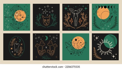 Mystical esoteric boho style poster set, witchcraft vector and printable image, unique illustration. Magic mushrooms, stars, crescent moon, dove, frog, sun, demon, fairy, magic ball and tooth.