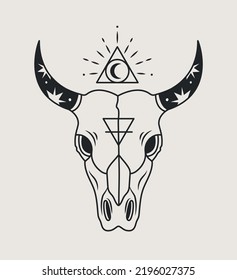 Mystical esoteric bull skull. Sacrifice metaphor, traditions in religion, poster or banner for website. Triangle above animals head with moon inside, occult sign. Cartoon flat vector illustration
