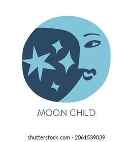 Mystical, esoteric card, banner design. Magician moon character surrounded with the stars. Moon child text. Vector isolated hand-drawn illustration.