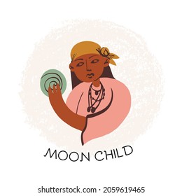 Mystical, esoteric card design, banner, poster. Fortune teller peers into the crystal ball, predictor of the future. Moon child text. Vector isolated hand-drawn illustration.
