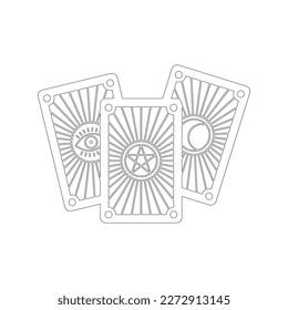 Icono de tarjetas esotéricas místicas. Ilustración de línea en blanco y negro de tres tarjetas taro aisladas en un fondo blanco. Concepto de revelación de fortuna. Vector 10 EPS.
