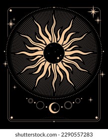 Mystical esoteric composition of golden sun, moon and stars