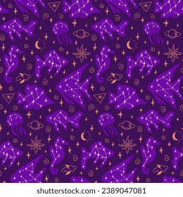 Mystical esoteric flat seamless pattern with fish and stars. Dark theme. Hand drawn sea creatures on purple background. Good for background, wrapping, textile, background. 3D Illustration