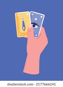 Mystical Esoteric Hand With Cards. Sorceress Predicts Future, Traditional Rituals And Intangible Energy. Character Determines Fate Of Person. Magic And Esotericism. Cartoon Flat Vector Illustration