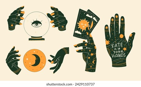 Mystical esoteric hands set. Collection of symbols of witchcraft and magic. Vector illustration.
