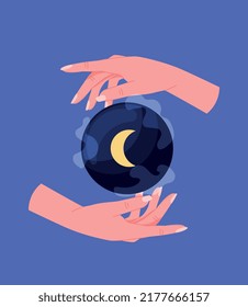 Mystical Esoteric Hands. Sorceress, Whitch And Fairyholds Mystical Ball With Moon, Performs Ritual. Esotericism, Sorcery, Magic And Witchcraft, Intangible Energy. Cartoon Flat Vector Illustration