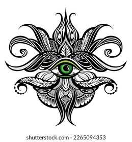 Mystical and esoteric logo of eye in a trendy decorative style. Vector emblems eye with floral elements