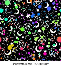 mystical esoteric pattern with the moon and magic symbols splattered with colored paint