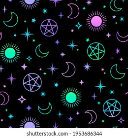 mystical esoteric pattern with sun, moon and magic symbols