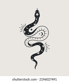 Mystische esoterische Schlange. Symbol des Okkultismus und der Religion, heilige Riten und Opfer. Reptil und Tier im böhmischen Stil. Boho Poster oder Banner für Website. Cartoon-Flavektor-Vektorgrafik