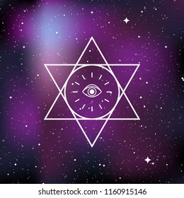 Mystical esoteric symbol. Concept of mystery, magic, witchcraft, alchemy. Star universe background. Vector illustration
