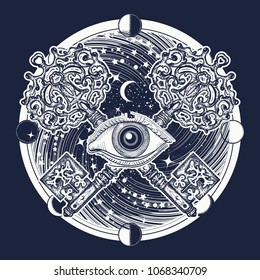 Mystical esoteric symbol of secret knowledge. All seeing eye tattoo occult art, masonic symbol and vintage magic key 