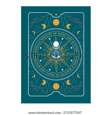 Mystical esoteric tarot card back design all seeing eye pyramid sun and moon occult spiritual celestial concept airwalk ministry of magic and mystery typography