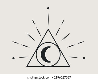 Mystical esoteric triangle. Abstract patterns in minimalist boho style. Occultism and Religion. Protection from evil spirits, intangible forces. Moon and shine. Cartoon flat vector illustration