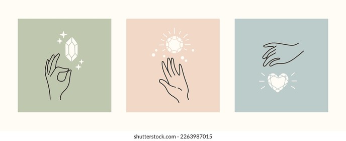 Mystical and esoteric vector cards in trendy minimal lineart style. Vector in boho style hands and mystical objects