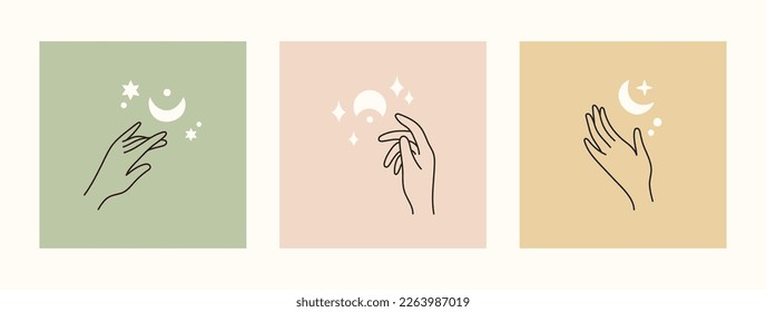 Mystical and esoteric vector cards in trendy minimal lineart style. Vector in boho style hands and mystical objects