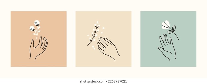 Mystical and esoteric vector cards in trendy minimal lineart style. Vector in boho style hands and mystical objects