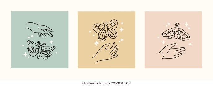 Mystical and esoteric vector cards in trendy minimal lineart style. Vector in boho style hands and mystical objects