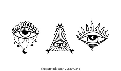 Mystical evil eye and moon phases isolated clip art set, celestial the third eye, magical hand drawn eye of providence, silhouette esoteric symbols, black and white vector
