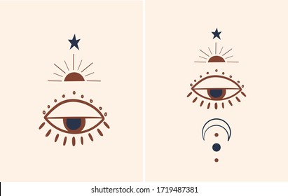 Mystical Evil Eye Symbol Illustration. Moon star and sun hand drawn esoteric elements.