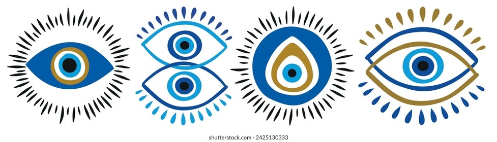 Mystical evil eyes. Esoteric blue talisman in doodle style. Ethnic lucky amulet. Set of vector illustrations