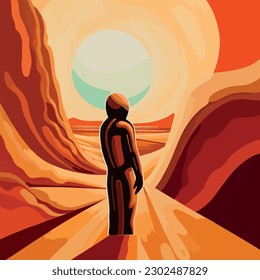 Mystical exploration, Abstract poster featuring an astronaut exploring the mythical and surreal landscapes of Mars, illustrated in an art deco style