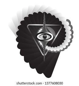 The mystical eye in the magic triangle, the secret emblem of alchemy and occultism, divination. The study of psychology and human aura. Black and white stripes and swirls, spiral on the background. 