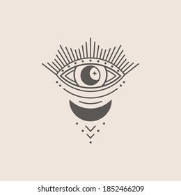 Mystical Eye and Moon Icon in a Trending Minimal Linear Style. Vector Isoteric Illustration for t-shirt Prints, Boho Posters, Covers, Logo Designs and Tattoos.