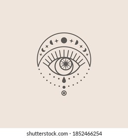 Mystical Eye and Moon Icon in a Trending Minimal Linear Style. Vector Isoteric Illustration for t-shirt Prints, Boho Posters, Covers, Logo Designs and Tattoos.