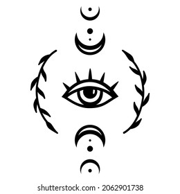 Mystical eye with moon phases. Vector silhouette design. Boho print, monochrome illustration. Symbol of magic and alchemy.