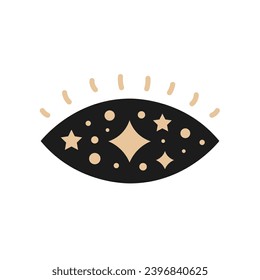 Mystical eye with stars. Hand drawn magical oracle symbol with sparkles. Esoteric, oocult sign. Vector illustration on white background.