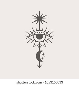 Mystical Eye Sun and Moon Icon in a Trending Minimal Linear Style. Vector Isoteric Illustration for t-shirt Prints, Boho Posters, Covers, Logo Designs and Tattoos.