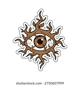 Mystical eye symbol surrounded by sun rays in surreal tattoo style illustration. Spiritual concept design perfect for stickers and symbolic artwork.
