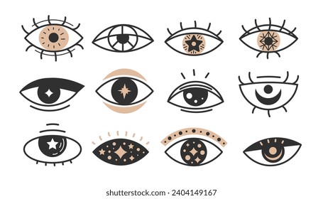 Mystical eye vector set.. Esoteric symbols and sign collection with black and gold colors in doodle style. Vision, sight view, prediction, talisman vector illustration