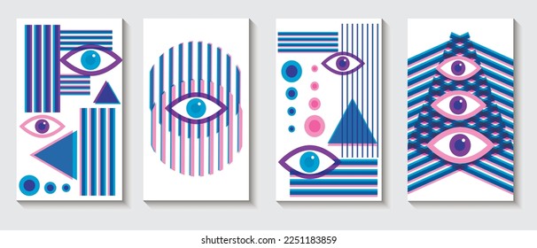 Mystical eyes, alchemy and astrology. Template with cards with symbols and talismans. Risograph effect. Vector illustration. For use in packaging design, fabric, illustrations in books and flyers